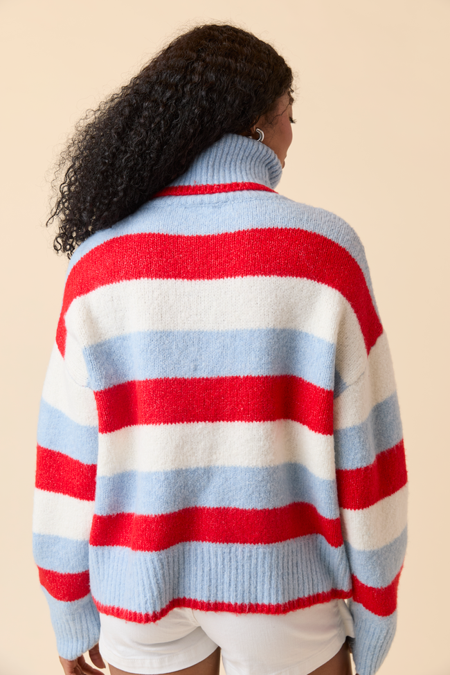 Shaylee Blue And Red Stripe Turtleneck Sweater
