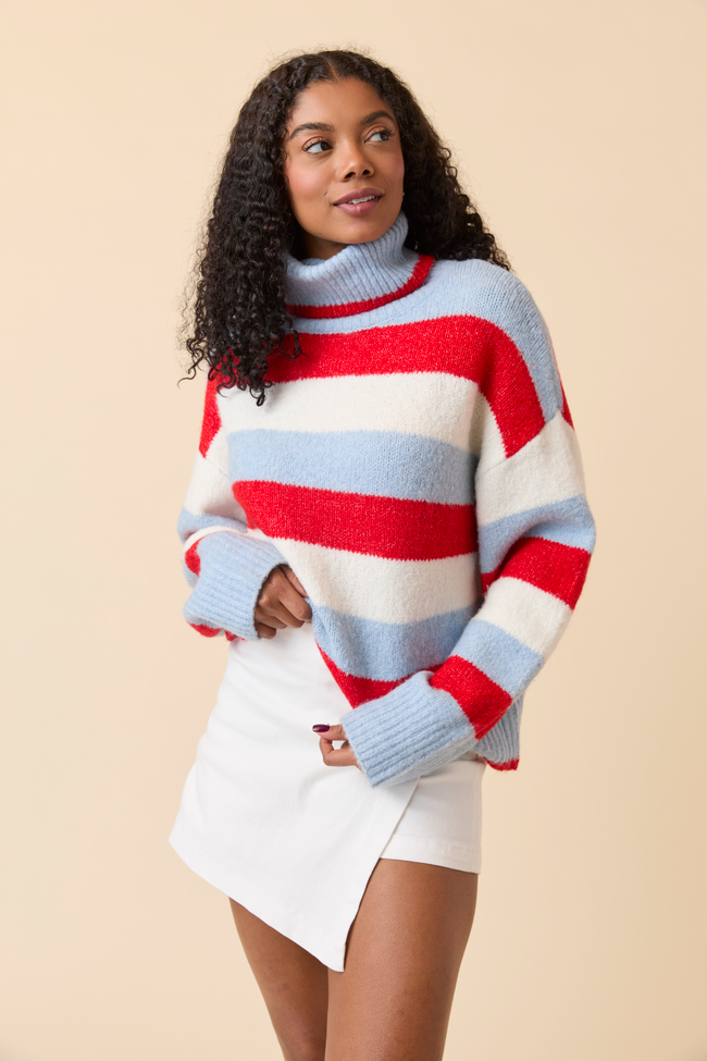 Shaylee Blue And Red Stripe Turtleneck Sweater
