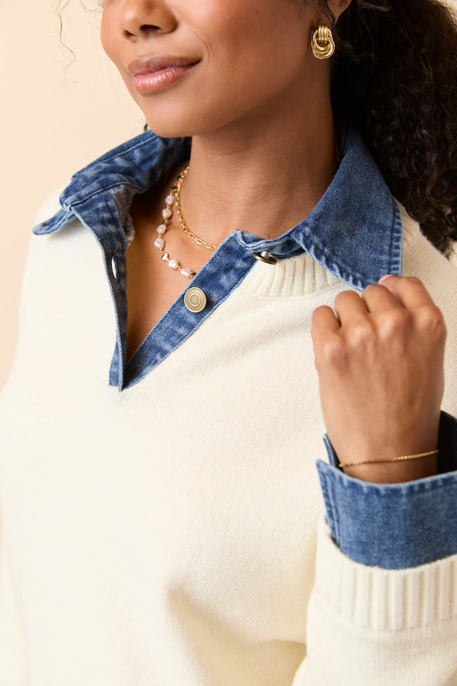 Cecil Ivory And Denim Collared Sweater