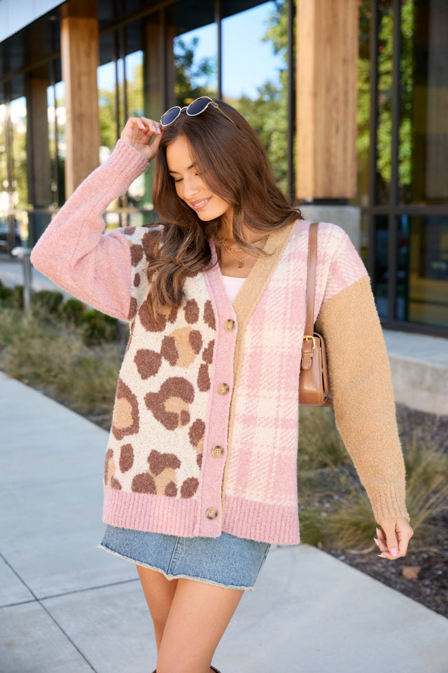 Maleah Pink Plaid And Animal Print Cardigan