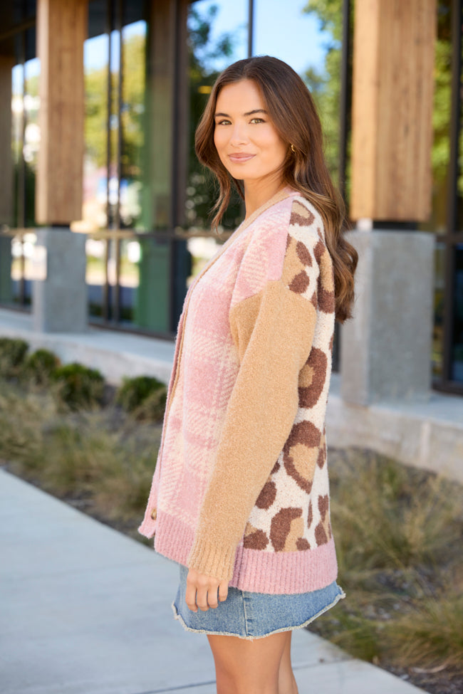 Maleah Pink Plaid And Animal Print Cardigan