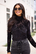 Lux Black Applique Mesh Turtleneck Top