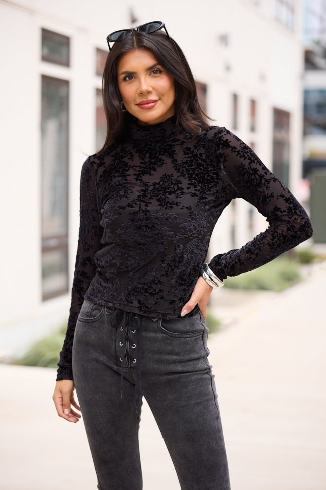 Lux Black Applique Mesh Turtleneck Top