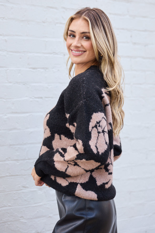 Moxie Taupe and Black Rose Motif Crewneck
