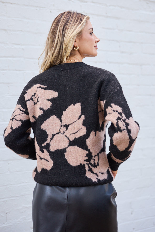 Moxie Taupe and Black Rose Motif Crewneck