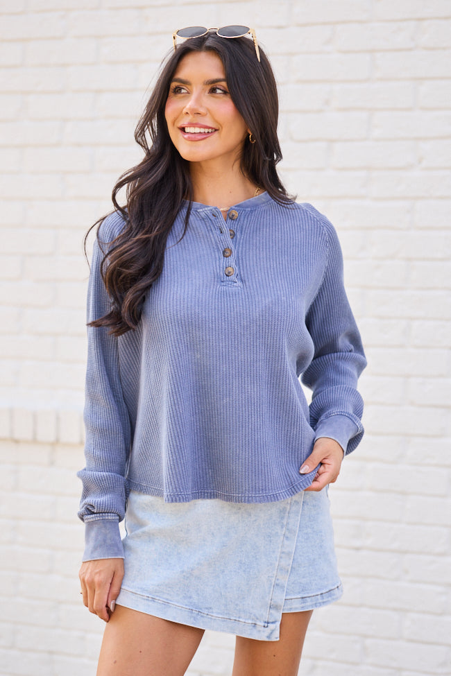 Abbie Long Sleeve Mineral Wash Dusty Navy Thermal Henley Top
