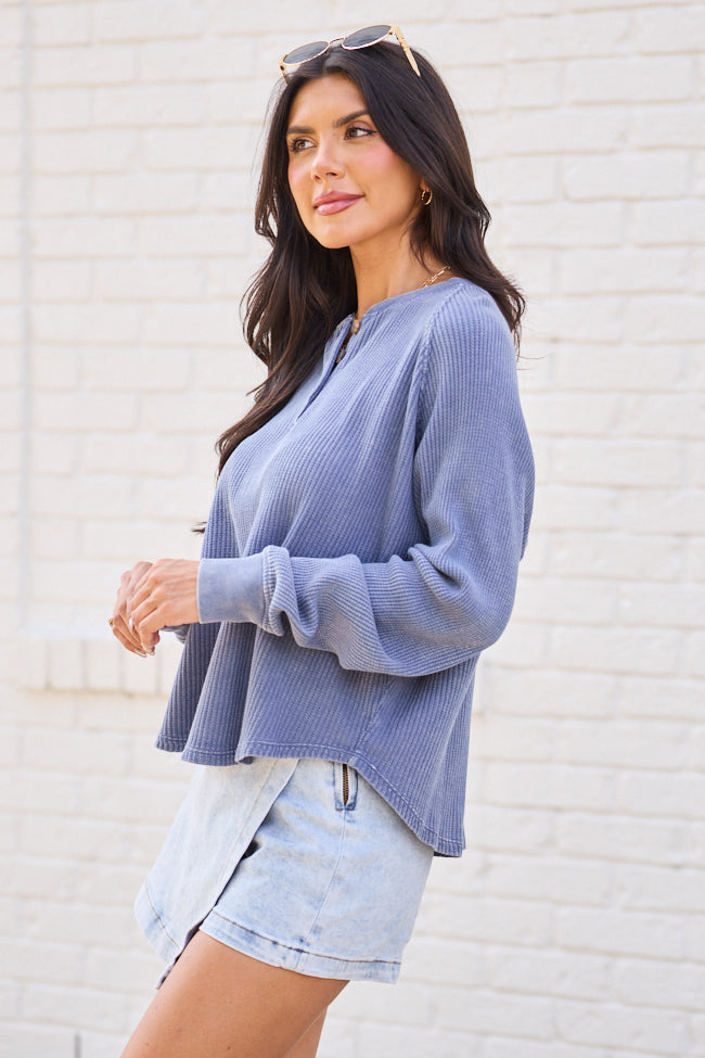 Abbie Long Sleeve Mineral Wash Dusty Navy Thermal Henley Top