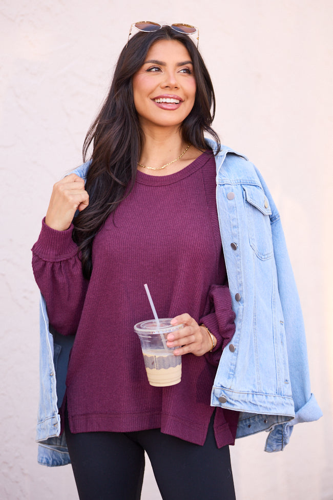 Caroline Burgundy Brushed Waffle Crewneck Pullover