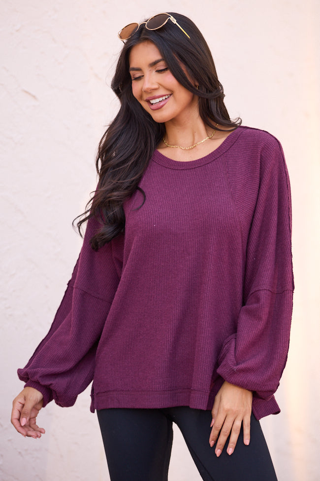 Caroline Burgundy Brushed Waffle Crewneck Pullover