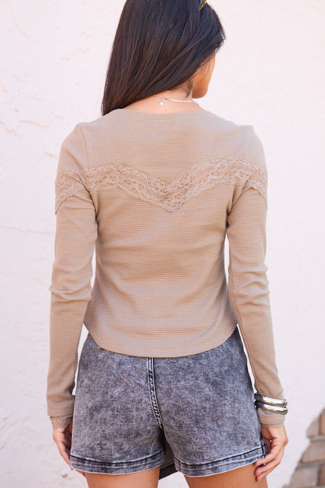 Deisa Tan Lace Trim Long Sleeve Waffle Knit Top