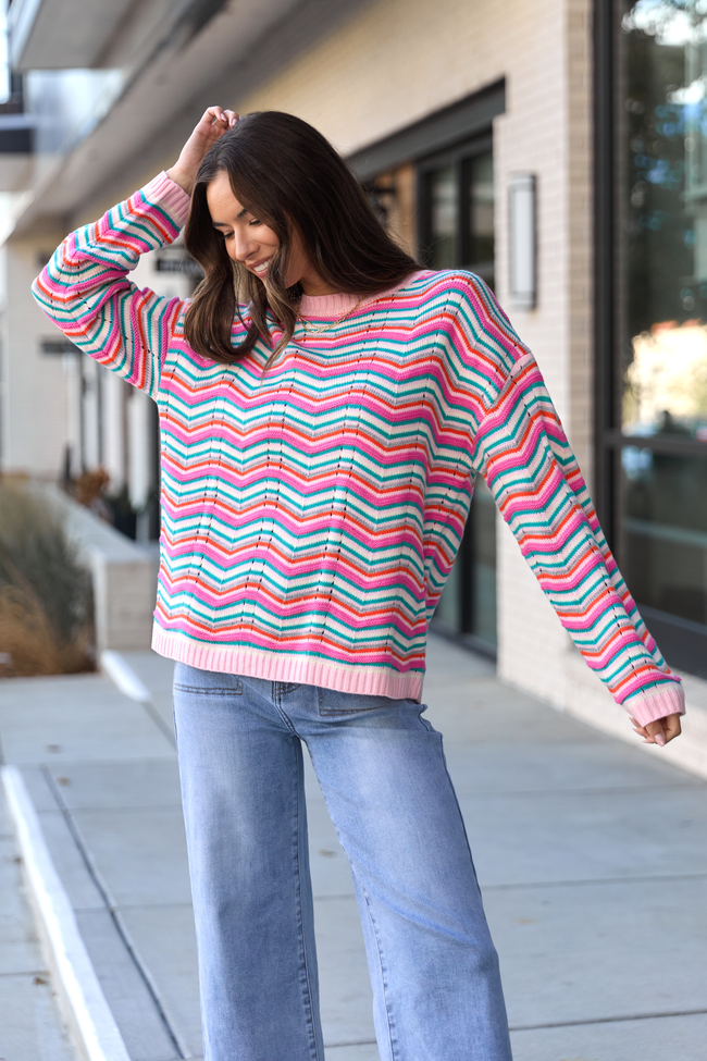 Shyla Pink Multi Stripe Crewneck Sweater