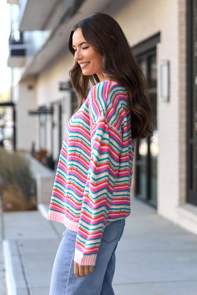 Shyla Pink Multi Stripe Crewneck Sweater