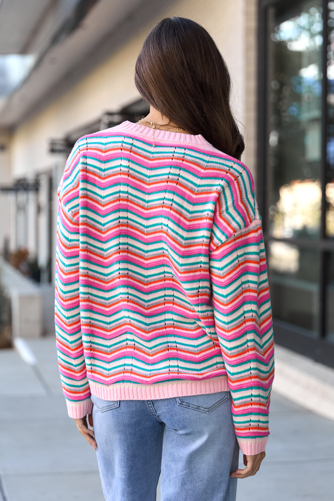 Shyla Pink Multi Stripe Crewneck Sweater