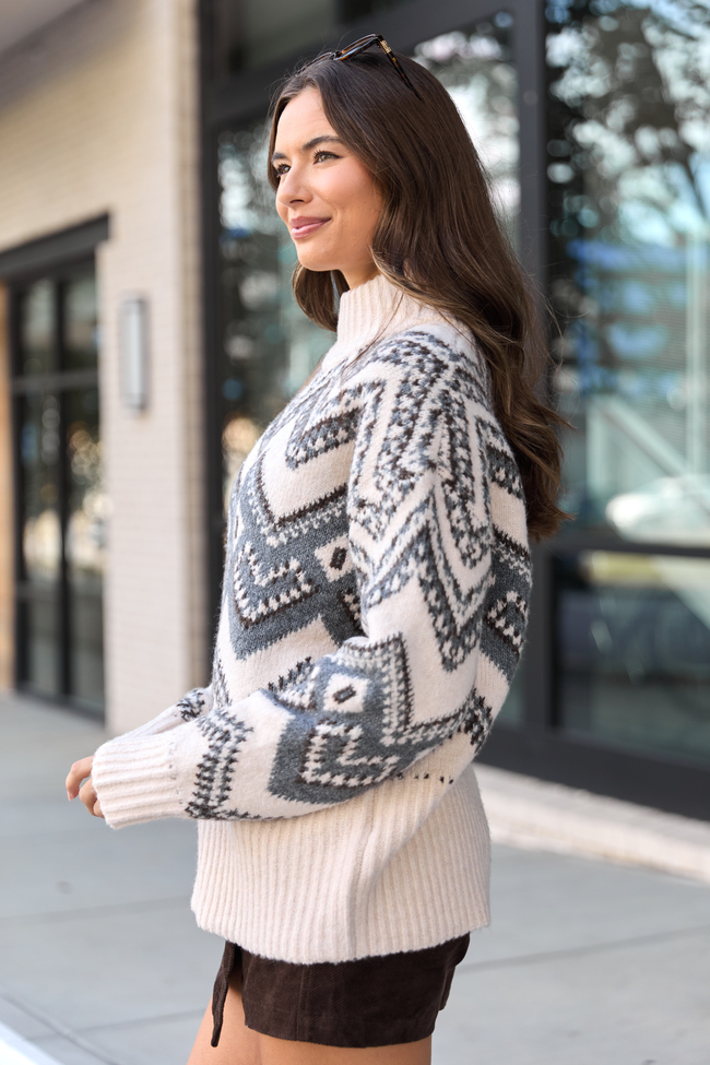 Maralyn Grey And Cream Fair Isle Oversized Turtleneck Sweater