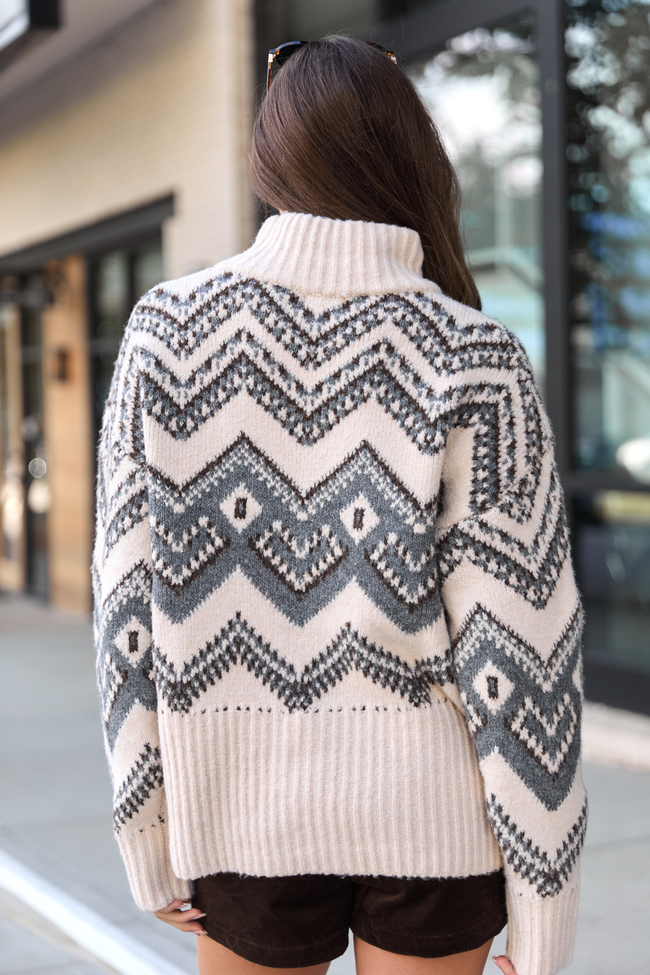 Maralyn Grey And Cream Fair Isle Oversized Turtleneck Sweater