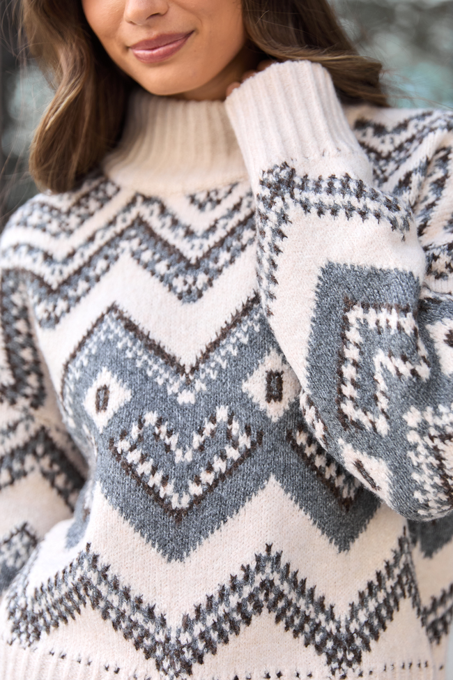 Maralyn Grey And Cream Fair Isle Oversized Turtleneck Sweater