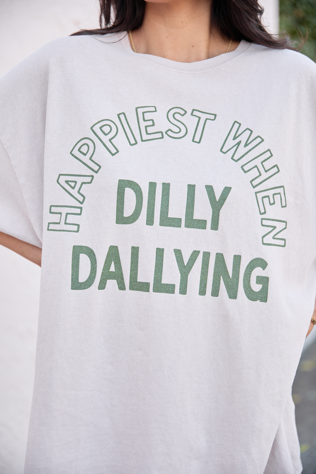 Happiest When Dilly Dallying Taupe Oversized Graphic Tee