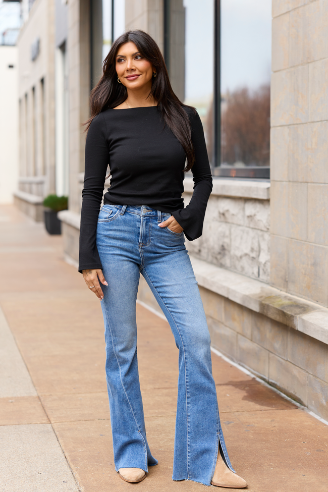 Roan Black Ribbed Long Bell Sleeve Top