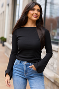 Roan Black Ribbed Long Bell Sleeve Top
