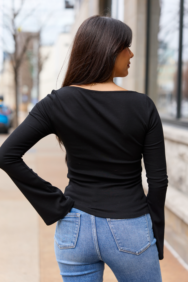 Roan Black Ribbed Long Bell Sleeve Top