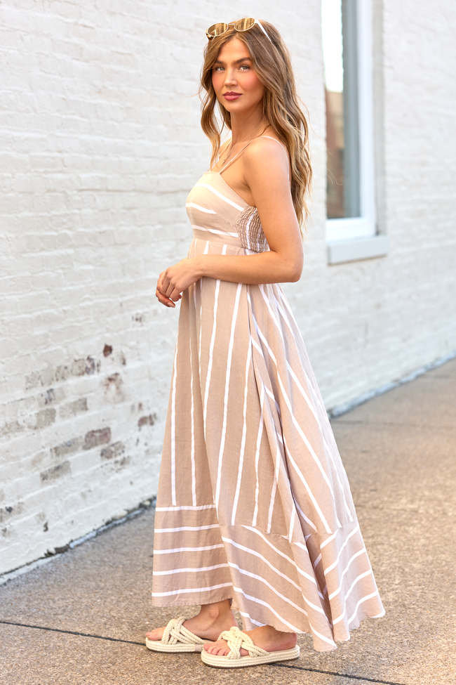 Come Sail Away Neutral Striped Maxi Dress