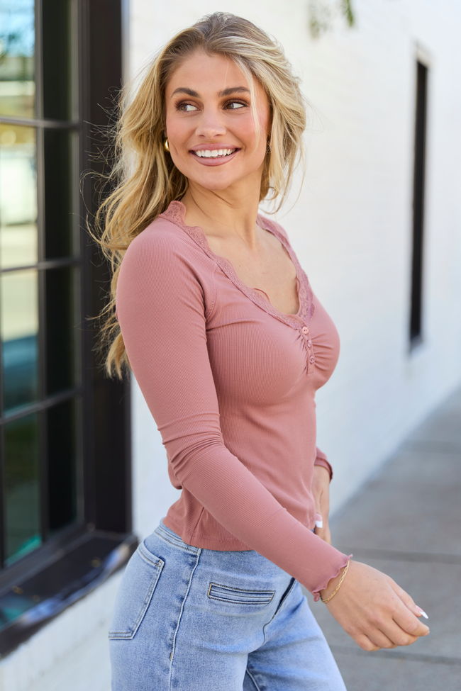 Amity Blush Long Sleeve Lace Trim Top