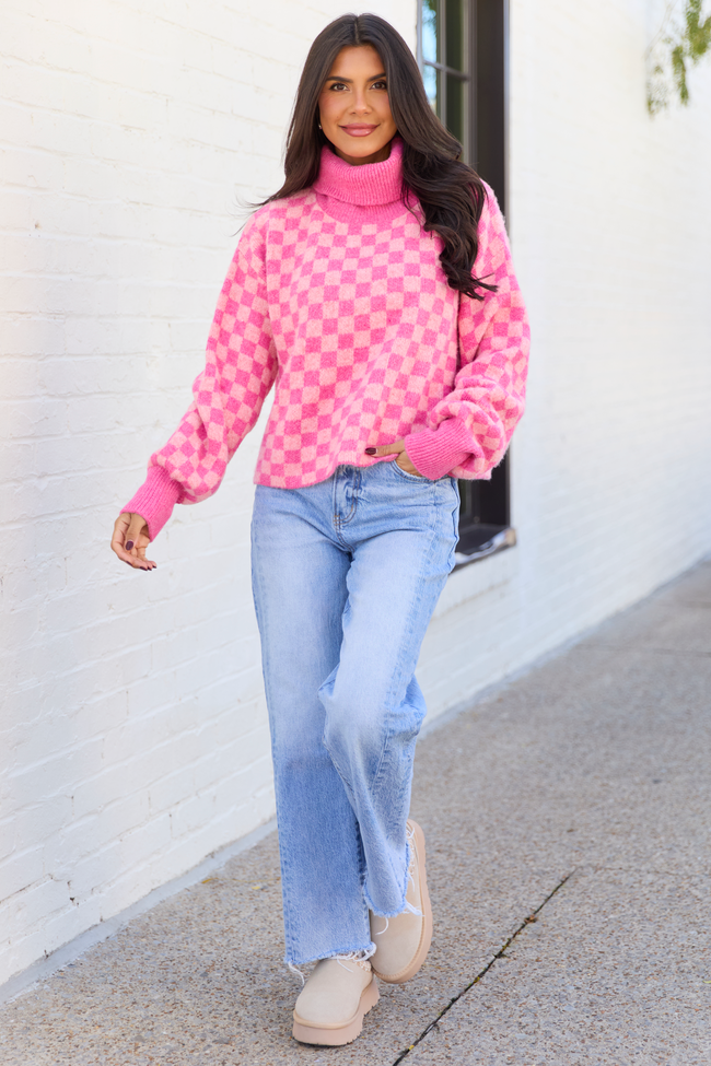 Kelli Pink Checkered Turtleneck Sweater