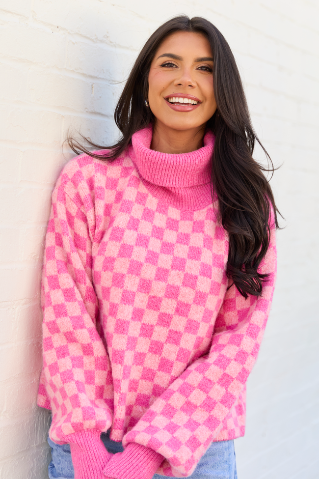 Kelli Pink Checkered Turtleneck Sweater