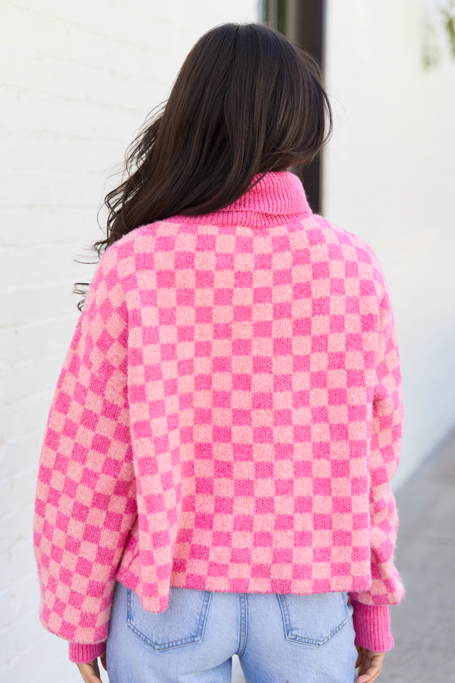 Kelli Pink Checkered Turtleneck Sweater