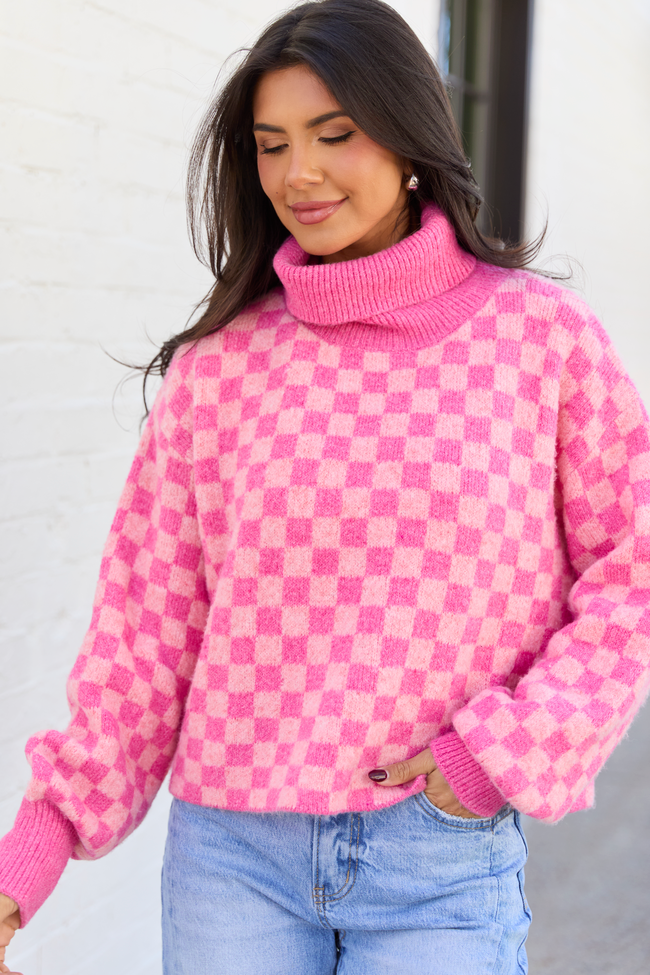 Kelli Pink Checkered Turtleneck Sweater