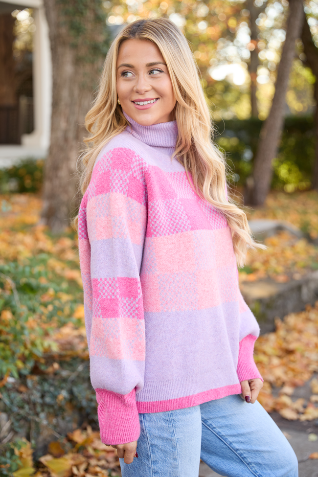 Landry Pink And Purple Checkered Turtleneck Sweater
