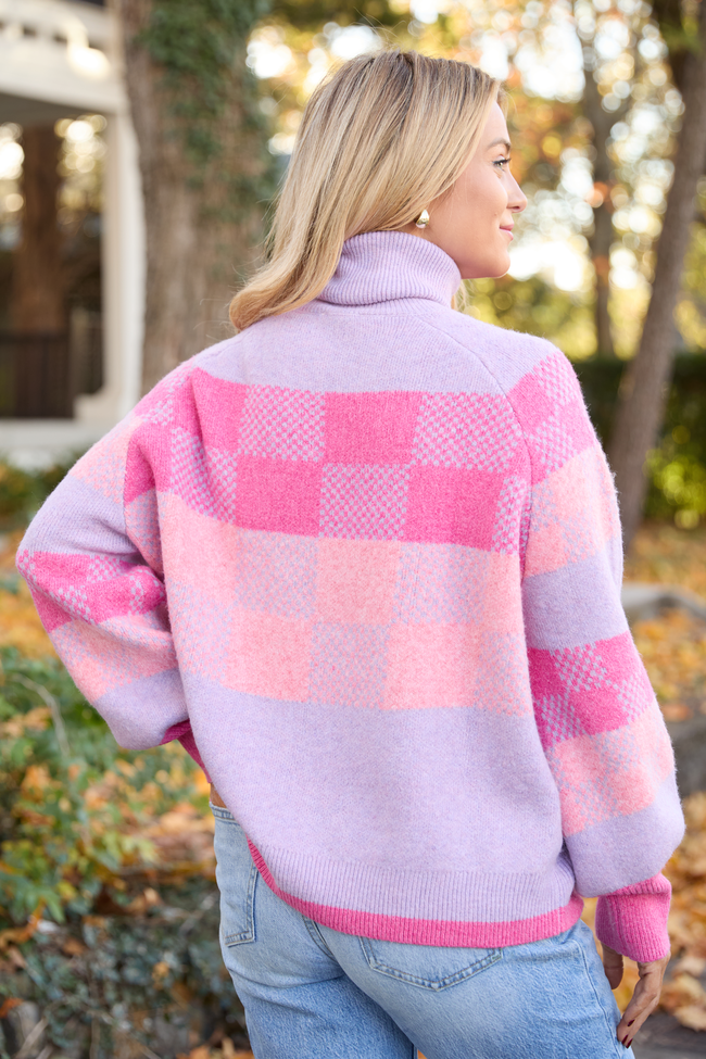 Landry Pink And Purple Checkered Turtleneck Sweater