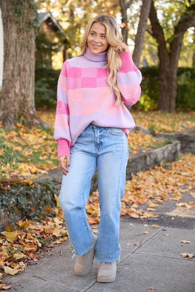 Landry Pink And Purple Checkered Turtleneck Sweater