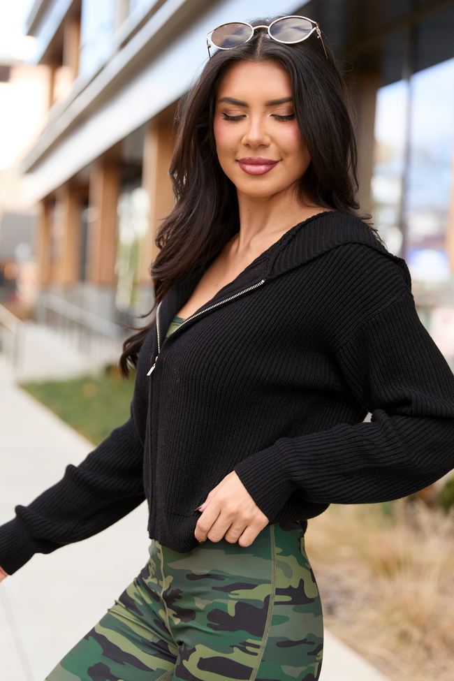 Alexis Black Long Sleeve Hooded Zip-Up Sweater