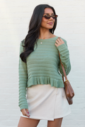 Charlotte Sage Green Open Knit Ruffle Trim Sweater