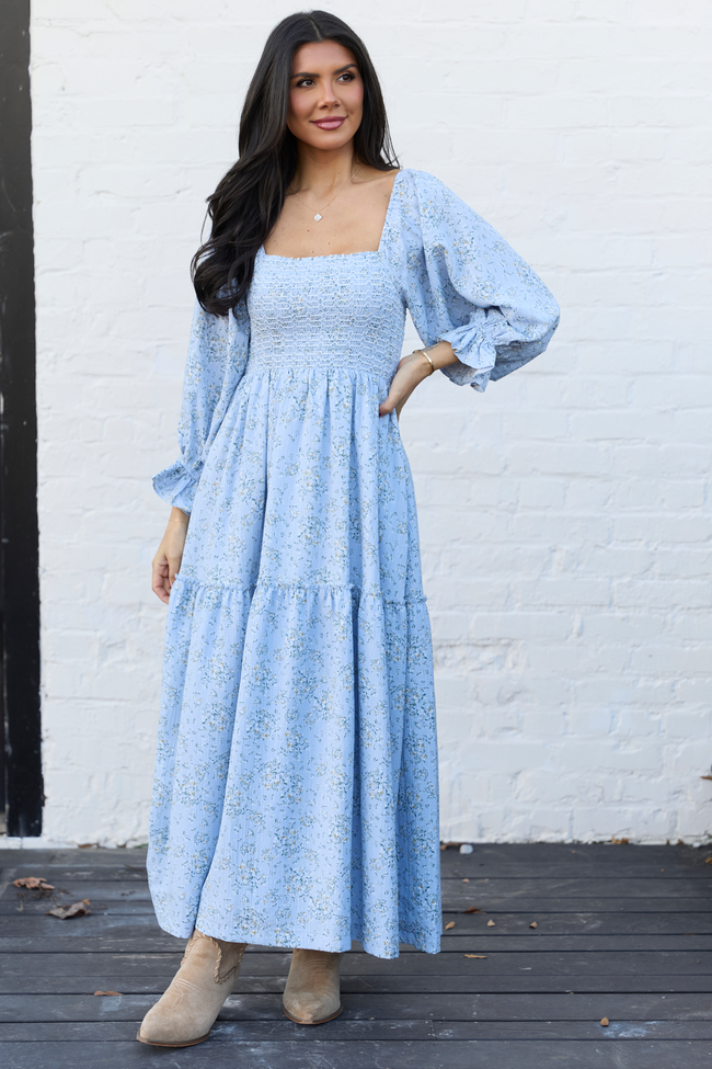 Thalia Blue Floral Smocked Top Maxi Dress