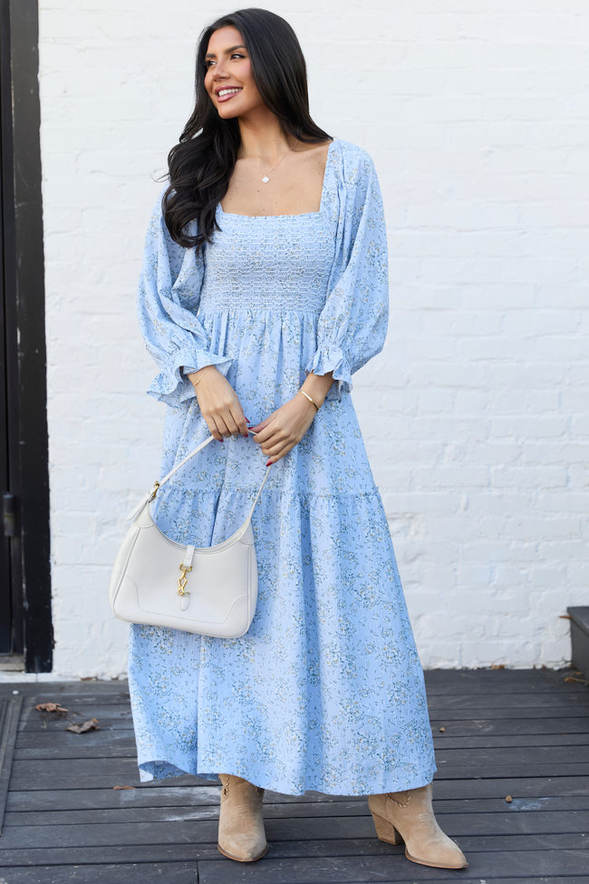 Thalia Blue Floral Smocked Top Maxi Dress