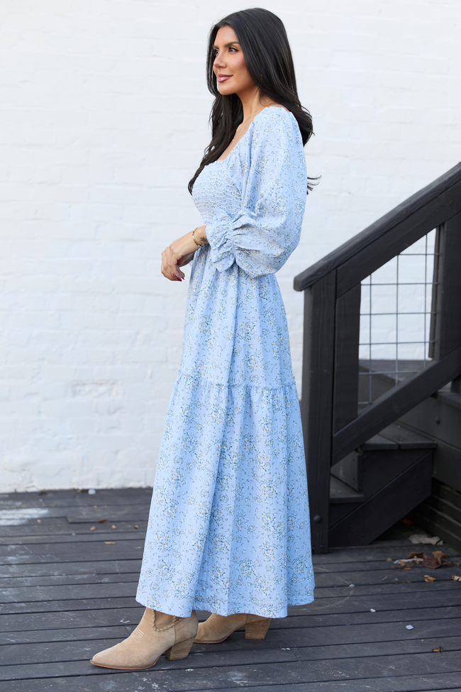 Thalia Blue Floral Smocked Top Maxi Dress
