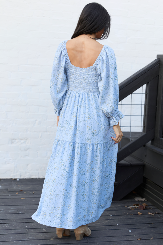 Thalia Blue Floral Smocked Top Maxi Dress