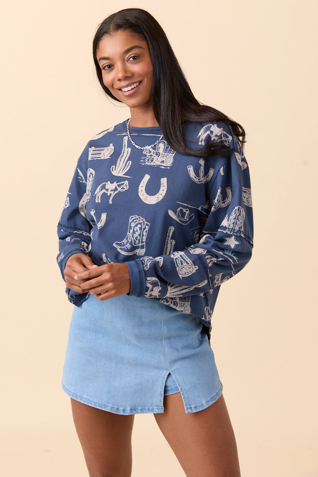 Zuri Blue Long Sleeve Western Tee
