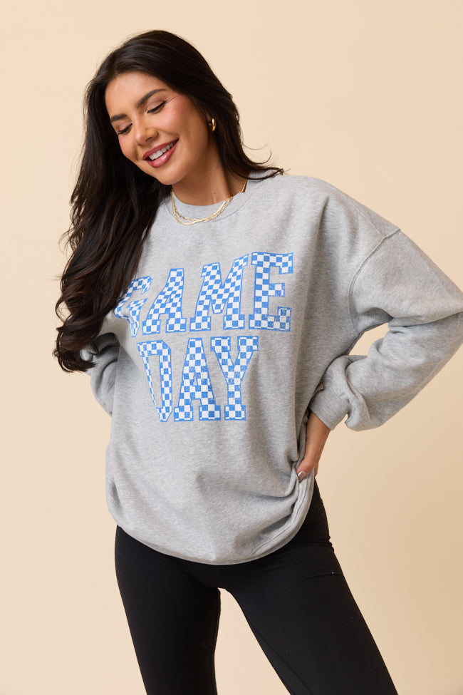 Checkered Blue Game Day Light Grey Graphic Sweatshirt