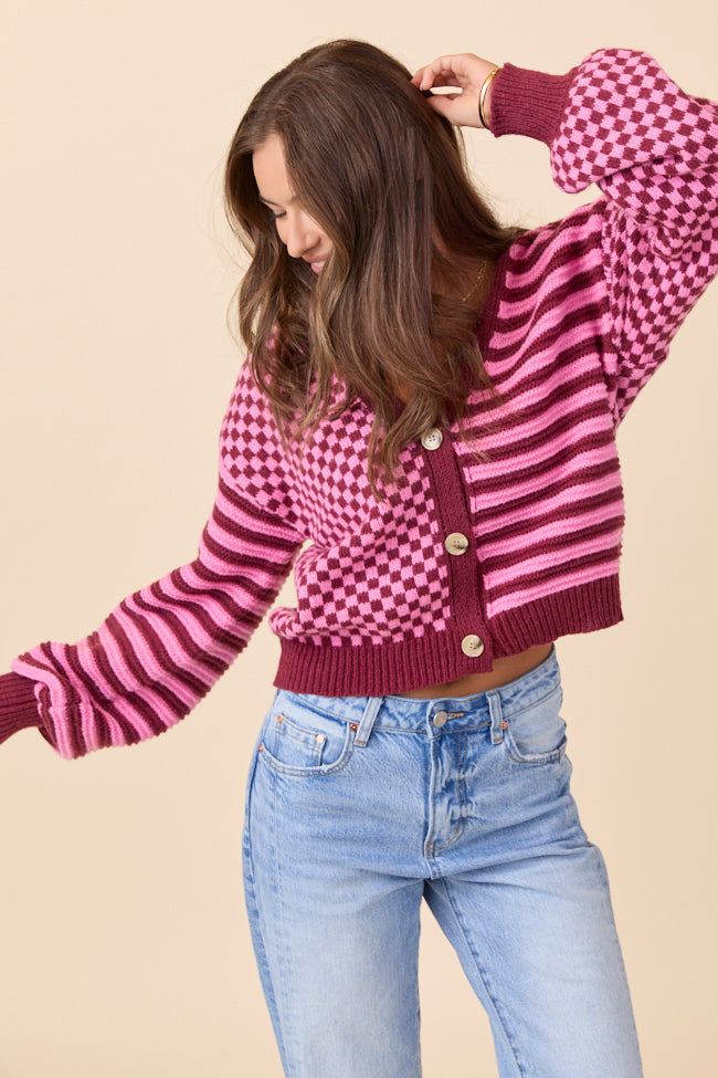 Samara Checkered and Stripes Pink and Burgundy Cardigan