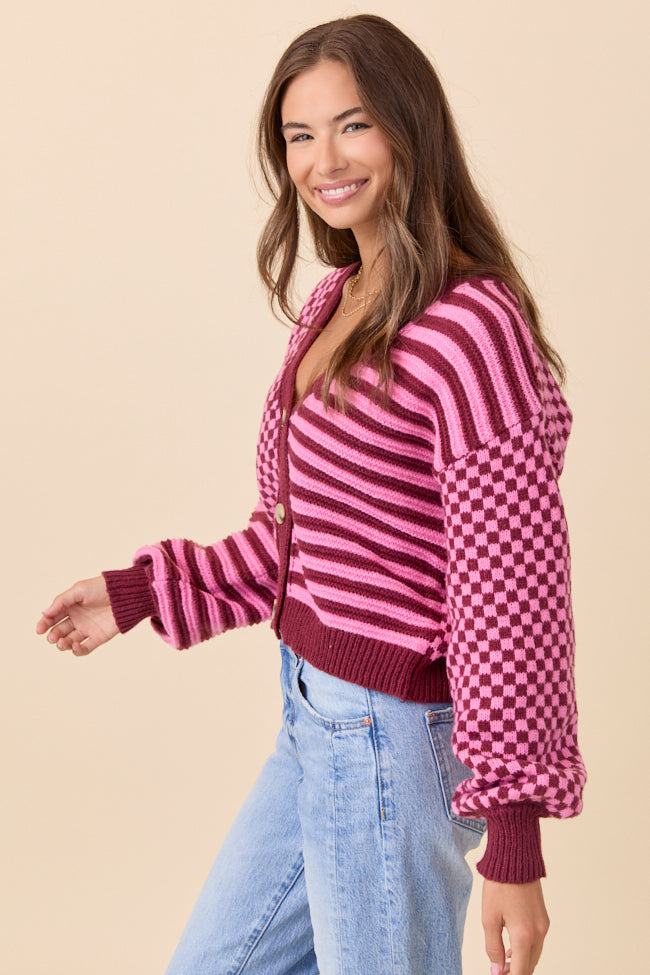 Samara Checkered and Stripes Pink and Burgundy Cardigan