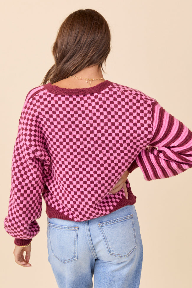 Samara Checkered and Stripes Pink and Burgundy Cardigan