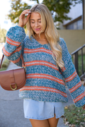 Hanson Orange And Teal Stripe V-neck Sweater