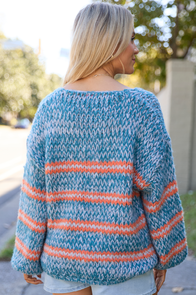 Hanson Orange And Teal Stripe V-neck Sweater