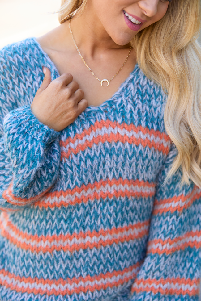 Hanson Orange And Teal Stripe V-neck Sweater