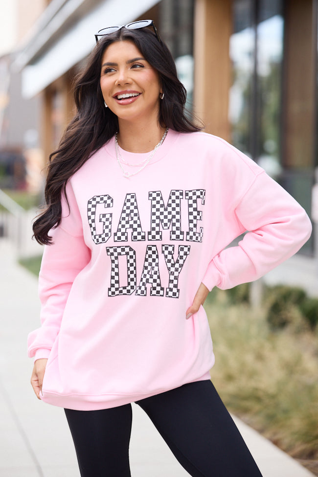 Checkered Game Day Light Pink Graphic Sweatshirt