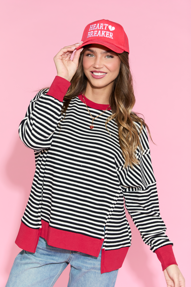 Kara Black And White Stripe Waffle Pullover