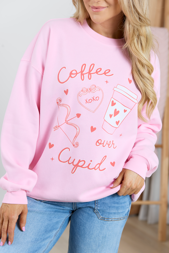 Coffee Over Cupid Light Pink Graphic Sweatshirt
